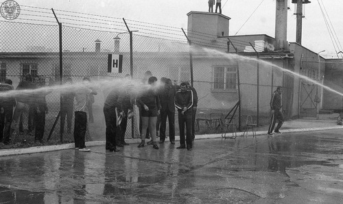 Akcja protestacyjna internowanych w ośrodku odosobnienia w Kwidzynie w dniu 14 sierpnia 1982 r. Przy wyciętej w ogrodzeniu dziurze grupa mężczyzn polewana strumieniami wody. Płot jest wysoki i w górnej części zabezpieczony drutem kolczastym. W tle budynek. Na jego dachu stoją dwaj mężczyźni. Fot. AIPN