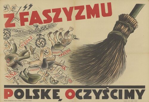 Na plakacie widać wielka miotłę wymiatającą przewracające się w panice i przerażeniu postaci, przy których autor umieścił tabliczki ze skrótami: „NSZ”, „NSDAP”, „OZON”, „AK”, „ND”, „AMT”, „[A]RBEITSAMT”. Postaci mają na ramionach opaski ze swastyką, także wokół nich fruwają liczne symbole nazistowskie. Całość opatrzona jest pisanymi dużą czcionką słowami: „Z FASZYZMU POLSKĘ OCZYŚCIMY”