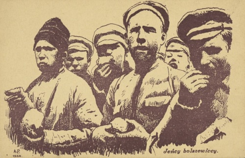 Jeńcy bolszewiccy na pocztówce z 1920 r. Fot. ze zbiorów Biblioteki Narodowej