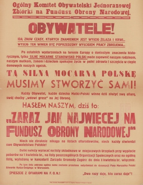 Afisz Komitetu Obywatelskiego zbiorki na Fundusz Obrony Narodowej, 1939 r. Fot. Biblioteka Narodowa