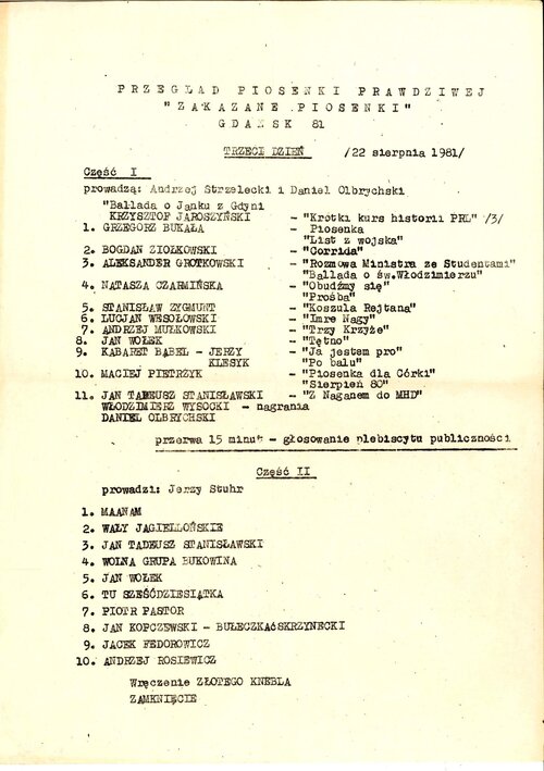 Program trzeciego dnia I Przeglądu Piosenki Prawdziwej „Zakazane Piosenki” w Gdańsku w dniu 22 sierpnia 1981 r. Fot. AIPN
