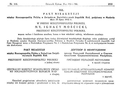 Dziennik Ustaw 1932 nr 115 poz. 951. Strona otwierająca oficjalny pełen tekst paktu o nieagresji między Polską a ZSRS w języku polskim i rosyjskim