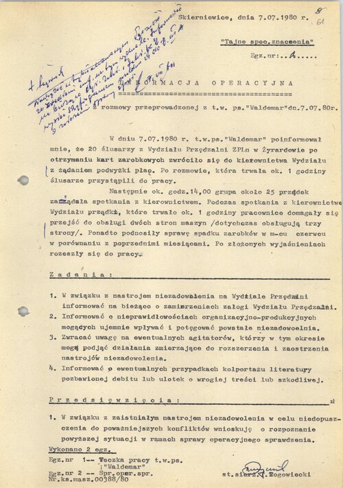 Jedna z "Informacji operacyjnych" SB opracowanych po rozmowie z konfidentem komunistycznym. Z zasobu IPN