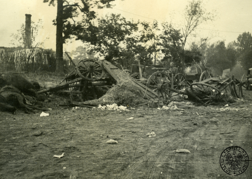 Zniszczone polskie wozy konne we wsi zajętej przez niemiecki 19 Batalionu Łączności 19 Dywizji Piechoty koło Sochaczewa, 19 września 1939 r. Fot. AIPN