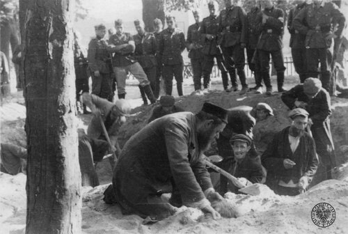 Końskie, 12 września 1939 r. Grupa ubranych w mundury polowe żołnierzy niemieckich przygląda się 9 Żydom, którym kazano kopać między drzewami w parku grób dla 4 poległych Niemców. W tym samym dniu, niedługo później, żołnierze Wehrmachtu zamordują 22 żydowskich mieszkańców miasta. Fot. z zasobu IPN