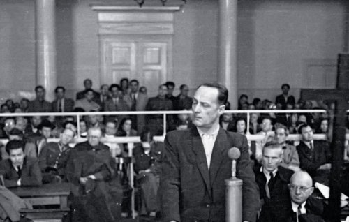 President of the General Management of Freedom and Independence colonel Franciszek Niepokólczycki during a communist-rigged trial in Cracow, 1947