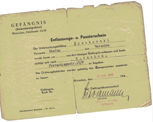 Niemieckie zaświadczenie o zwolnieniu Stefana Łysakowskiego z Pawiaka, 19 stycznia 1943 r. Fot. ze zbiorów autora
