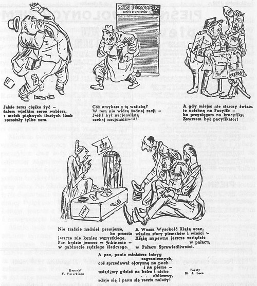Karykatury sowieckie w pierwszą rocznicę agresji. Polskojęzyczny „Czerwony Sztandar” Lwów, wrzesień 1940