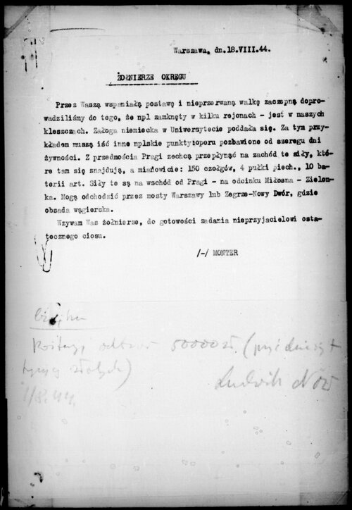 Powstanie Warszawskie, 18 sierpnia 1944 r. Rozkaz "Montera" do żołnierzy Okręgu. Z zasobu IPN