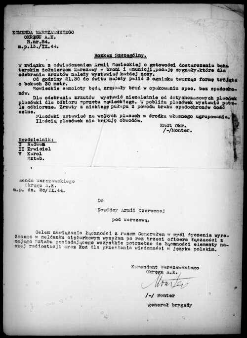 Powstanie Warszawskie, 13 września 1944 r. <i>Rozkaz Szczególny</i> "Montera" (w związku z obietnicą zrzutów sowieckich). Z zasobu IPN