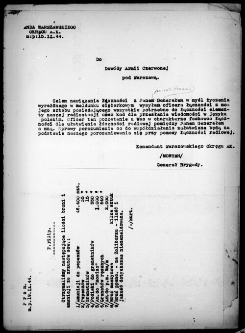 Powstanie Warszawskie, 15 września 1944 r. "Monter" - już jako generał brygady - pisze do "dowódcy Armii Czerwonej pod Warszawą" w sprawie nawiązania łączności. Z zasobu IPN