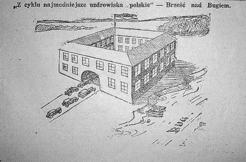 Rysunek z „Hasła Łódzkiego” z 5 X 1930 r. w okresie, kiedy twierdza brzeska kojarzona była z więzieniem, w którym przebywali więźniowie polityczni, głównie związani z obozem Centrolewu (źródło: Wikipedia)
