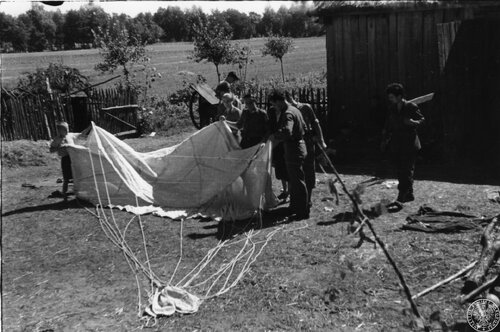 Dzielenie czaszy spadochronu pochodzącej ze zrzutów zaopatrzenia dokonywanych przez samoloty RAF w Puszczy Kampinoskiej. Fot. z zasobu IPN