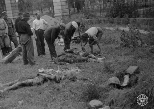 Ludzie prowadzący prace ekshumacyjne i identyfikacyjne wśród zwłok ułożonych na trawniku.