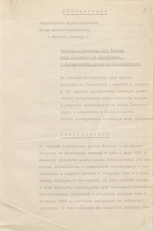 Niemcy w 1967 r. o Reinefarcie: Nie znajdujemy w nim winy. (Strona 1 tłumaczenia uchwały sądu niemieckiego...) Z zasobu IPN