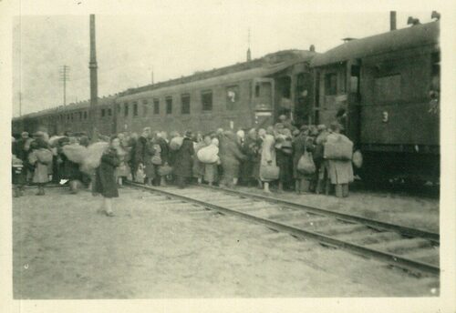 Załadunek wypędzonych do pociągu wyjeżdżającego z obozu Dulag 121. Źródło: Muzeum Dulag 121/depozyt Bożeny Sławińskiej