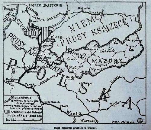 Mapa z zaznaczonym obszarem plebiscytowym (zbiory Instytutu Północnego im. Wojciecha Kętrzyńskiego w Olsztynie)