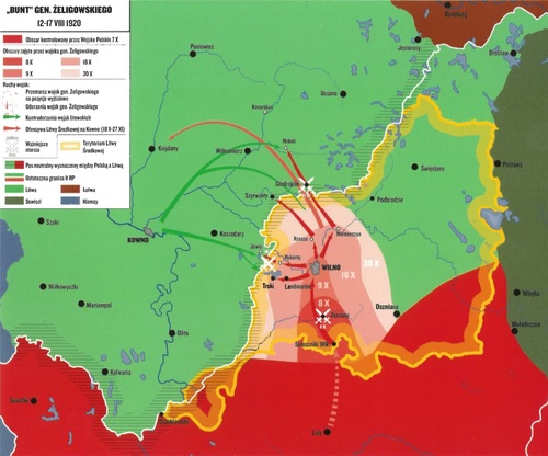 Mapa przedstawiająca przebieg działań w czasie „Buntu” gen. Żeligowskiego. Grafika z wystawy IPN „…Będzie wielka albo nie będzie jej wcale. Walka o granice Polski w latach 1918–1921”