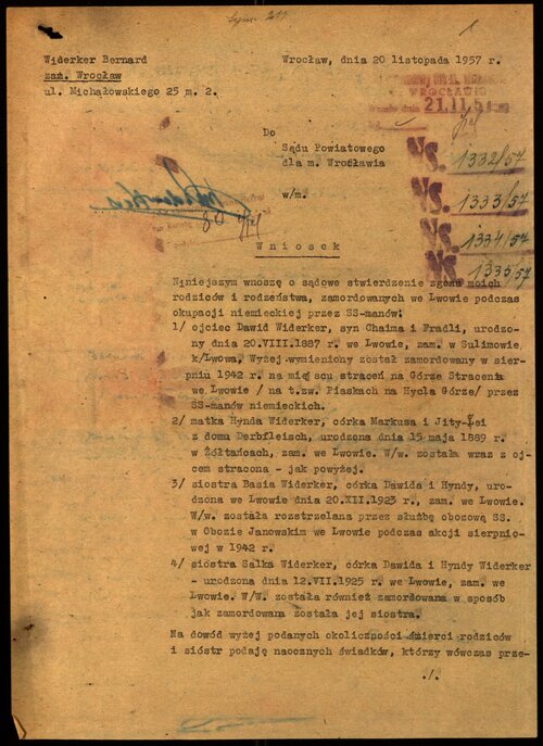 1957, wniosek rodzinny o uznanie za zmarłych <i>rodziców i rodzeństwa</i>, Żydów <i>zamordowanych we Lwowie podczas okupacji niemieckiej</i>, w tym więźniów obozu janowskiego (s. 1 dokumentu). Z zasobu IPN