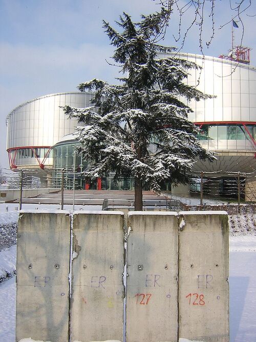 Siedziba Europejskiego Trybunału Praw Człowieka w Strasburgu, z przodu widoczny fragment Muru Berlińskiego (fot. Wikipedia/CC BY 2.0/francois)