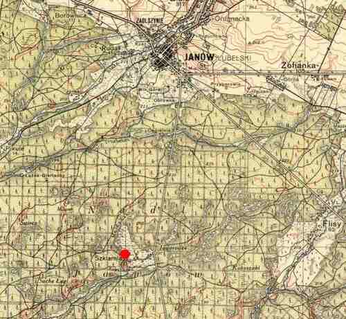 Wycinek mapy terenu (WIG 1933 r.), gdzie oddział "Garbatego" stoczył swoją ostatnią walkę z obławą UB-KBW. Czerwoną kropką zaznaczono miejscowość Szklarnia, w okolicach której część partyzantów uderzyła na pierścień okrążenia i gdzie zginął d-ca grupy Adam Kusz