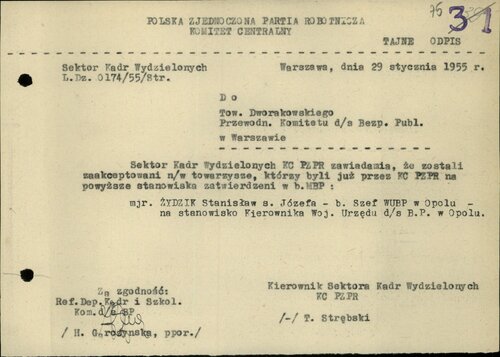 Nazwy urzędów się zmieniały, czasy niby też, a Stanisław Żydzik ciągle w "Bezpieczeństwie Publicznym". Tu, akurat, dalej w Opolu; 1955. Z zasobu IPN