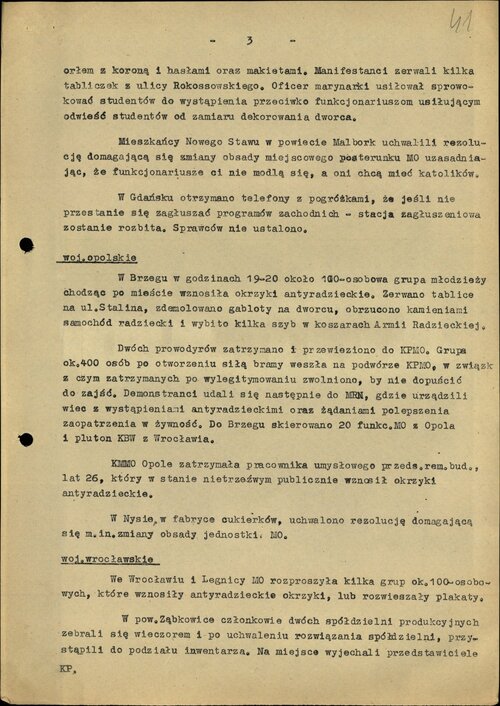 ...<i>okrzyki antyradzieckie</i>, <i>wybito kilka szyb w koszarach Armii Radzieckiej</i>, <i>żądania polepszenia zaopatrzenia w żywność</i>... Z zasobu IPN