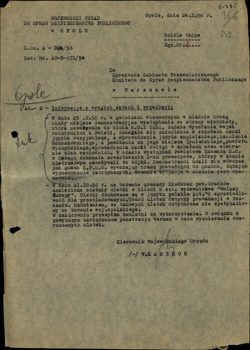 Raport, przykładowy, z Wojewódzkiego Urzędu ds. Bezpieczeństwa Publicznego w Opolu o wydarzeniach w październiku 1956 r. na terenie województwa. Z zasobu IPN