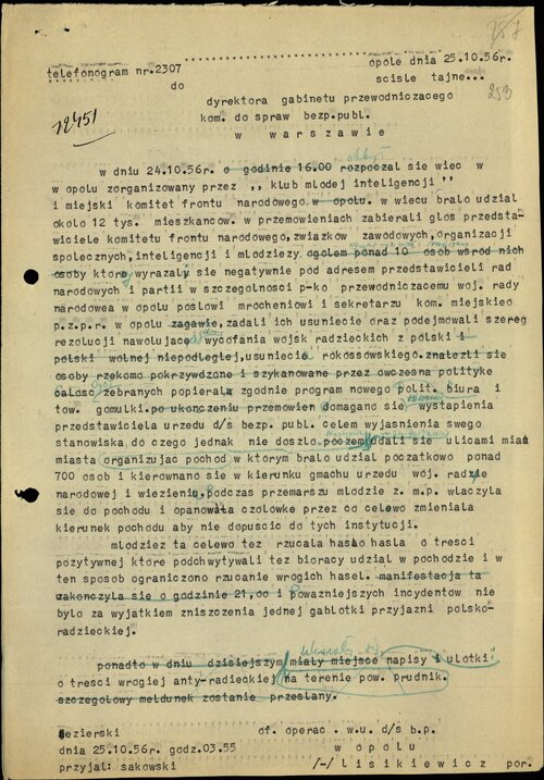 Telefonogram z opolskiego Wojewódzkiego Urzędu ds. Bezpieczeństwa Publicznego do "centrali" z opisem wielotysięcznego wiecu i manifestacji 24 października 1956 r. w Opolu. Z zasobu IPN