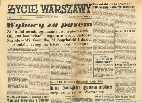Pierwsza strona <i>Życia Warszawy</i>, nr 292, 1956. Z zasobu IPN