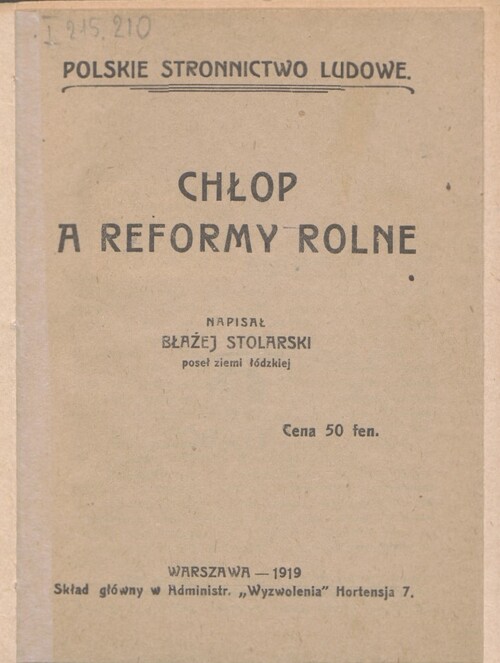 Błażej Stolarski, <i>Chłop a reformy rolne</i>, Warszawa, 1919. Strona tytułowa publikacji. Ze zbiorów cyfrowych Biblioteki Narodowej (polona.pl)