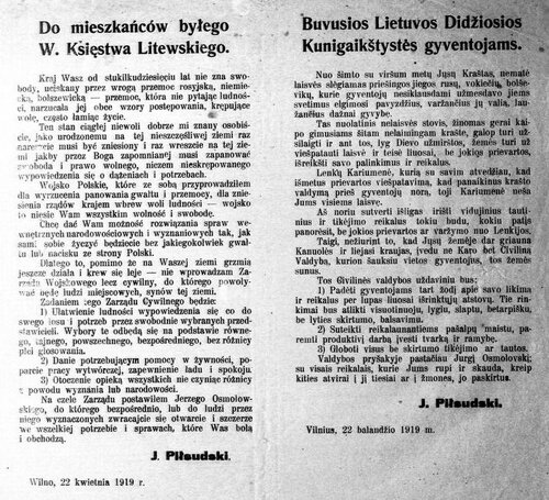 Dwujęzyczna odezwa Piłsudskiego do mieszkańców b. Wielkiego Księstwa Litewskiego z22 kwietnia 1919 r. wjęzyku polskim ilitewskim (domena publiczna)