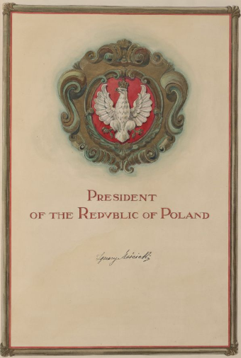 Karta z podpisem Prezydenta Rzeczypospolitej Polskiej, prof. Ignacego Mościckiego