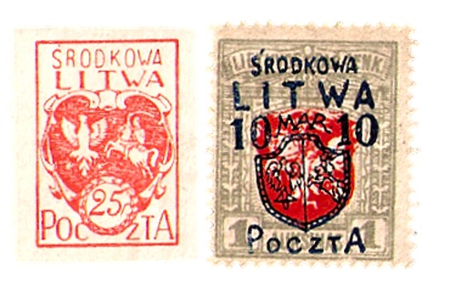 Znaczki Litwy Środkowej z 1920 r.: znaczek z herbem Litwy Środkowej i znaczek litewski z nadrukiem „Środkowa Litwa Poczta” i herbem państwowym