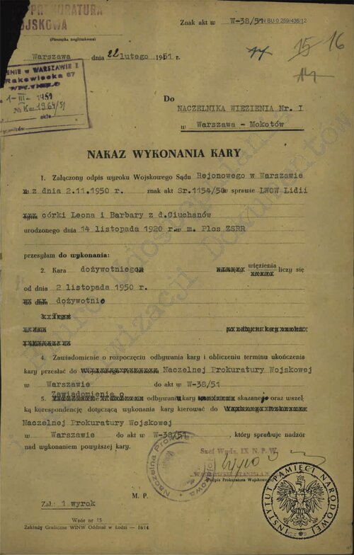 Nakaz wykonania kary dożywotniego pozbawienia wolności dla Lidii Lwow. 22 lutego 1951 r. Z zasobu IPN