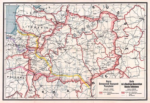 Postulowane w 1919 roku przez rząd emigracyjny Białoruskiej Republiki Ludowej hipotetyczne granice Białorusi obejmujące m.in. Białystok i Wilno (domena publiczna)
