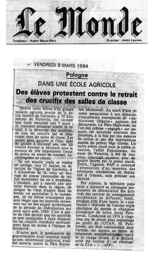 Artykuł we francuskim "Le Monde" nt.. protestów w obronie krzyża w Miętnem (fot. za stroną diecezji siedleckiej: diecezja.siedlce.pl)