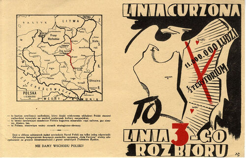 Ulotka antykomunistyczna z okresu II wojny światowej, przedstawiająca linię Curzona jako akt nowego rozbioru Polski (domena publiczna)
