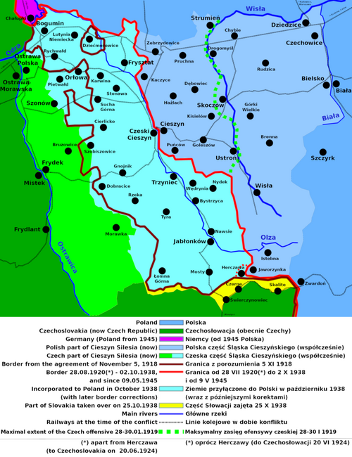 Mapa Śląska Cieszyńskiego i jego podziałów w XX wieku. Źródło Wikimedia Commons Mix321 (redone by D T G - Praca własna (licencja GFDL)