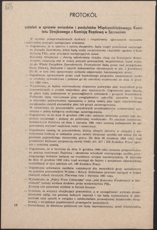 ...<i>Protokołu ustaleń w sprawie wniosków i postulatów Międzyzakładowego Komitetu Strajkowego z Komisją Rządową w Szczecinie</i>, zawartego 30 sierpnia 1980 r.  Pierwsza strona treści tego dokumentu... Z zasobu IPN
