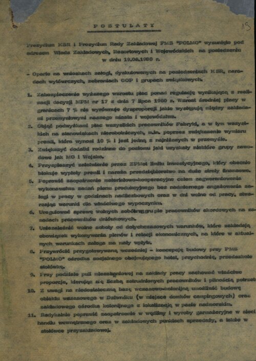 Postulaty strajkujących w sierpniu 1980 r. w FMS „POLMO” (s. 1). Z zasobu IPN (dar prywatny Jana Cichockiego)