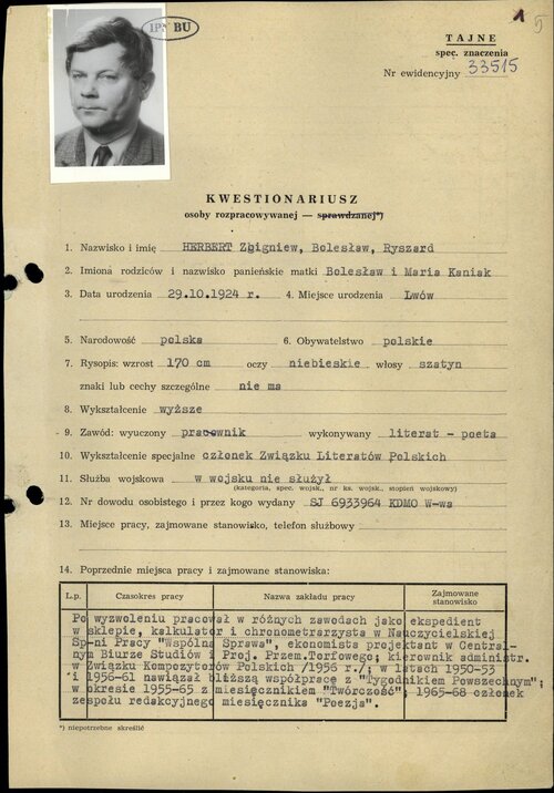 Początek oficjalnej inwigilacji Herberta przez policję polityczną PRL, 1976 r. (pierwsza strona „Kwestionariusza osoby rozpracowywanej”). Z zasobu IPN