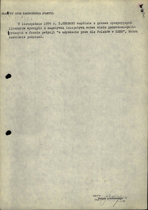 Z „papierów” inwigilacji Herberta przez SB - informacja o inspirowaniu i podpisaniu przez poetę w 1974 r. petycji o prawach dla Polaków w ZSRS (część 1 dokumentu)... Z zasobu IPN