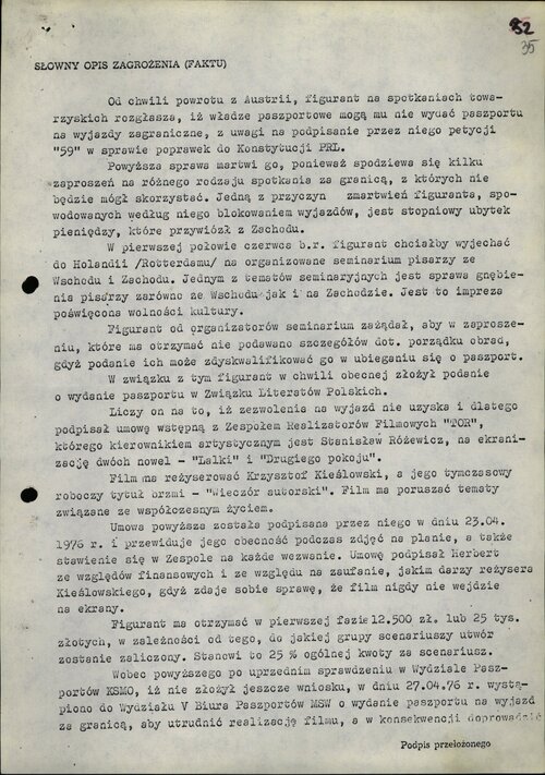 Pierwsza strona jednego z dokumentów inwigilacji Herberta w 1976 r. - kwestie paszportowe, finansowe i... filmowe poety... Z zasobu IPN