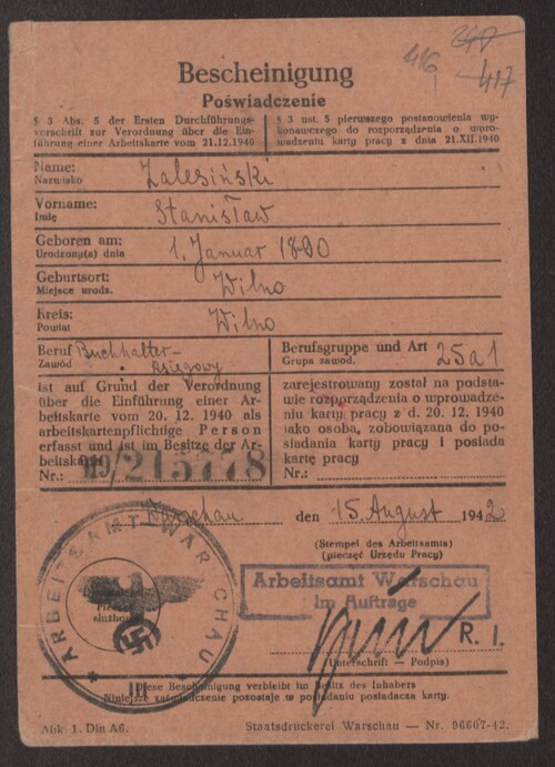 Jeden z dokumentów legalizacyjnych (wystawiony na <i>Stanisława Zalesińskiego</i>) płk. Jana Zientarskiego z okresu okupacji niemieckiej (1942). Z zasobu IPN