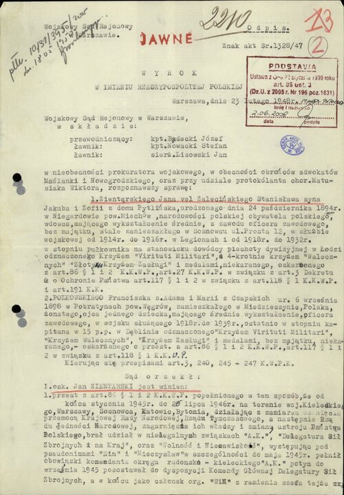 Komunistyczni tzw. sędziowie Badecki, Nowacki, Lisowski skazują między innymi płk. Jana Zientarskiego, 1948 r. (s. 1 wyroku). Z zasobu IPN