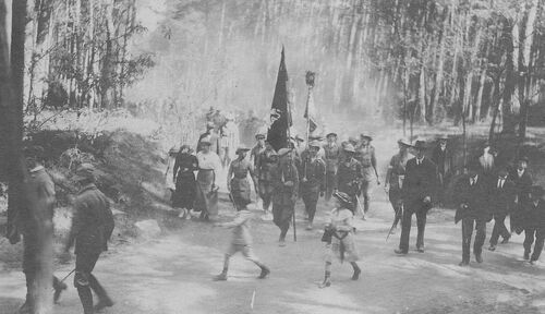 Drużyna ze sztandarem podczas marszu, 1918 r. (fot. NAC)
