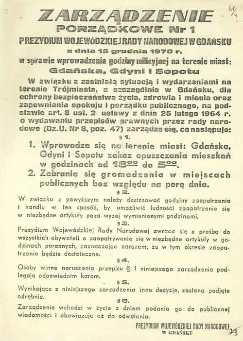 Zarządzenie o wprowadzeniu godziny milicyjnej na terenie Trójmiasta, 15 grudnia 1970 r. Z zasobu IPN