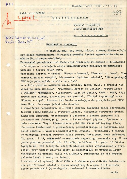 Jeden z dokumentów MSW PRL dotyczący happeningu pod nowohuckim Leninem, i przeciw niemu, 22 listopada 1989 r. (s. 1). Z zasobu IPN