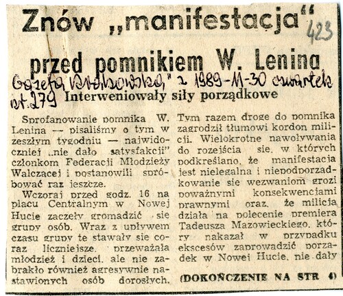 <i>Znów „manifestacja” przed pomnikiem W. Lenina</i> (z prasy, cz. 1 artykułu). Z zasobu IPN